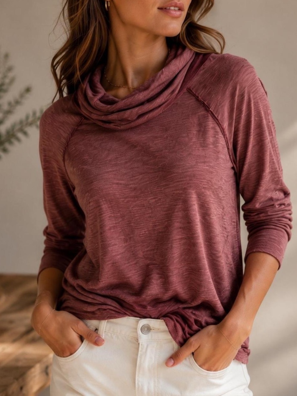 Free People FP Beach Cocoon Cowl Pullover Sweater in Heather Burgundy/Terracota